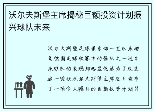 沃尔夫斯堡主席揭秘巨额投资计划振兴球队未来